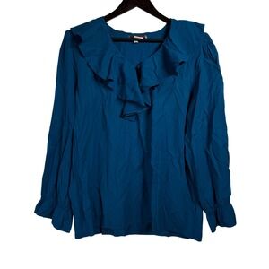 XL Cabraïs Women's Teal Blue Ruffle Collar Long‎ Sleeve Blouse Top vintage